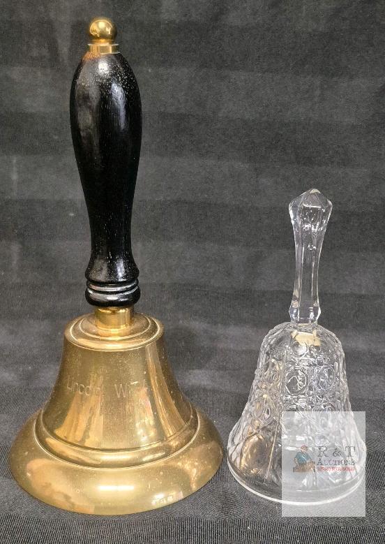 Brass Hand Bell with Wood Handle and Engraving, Plus Cut Glass Crystal Bell