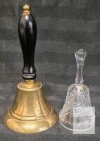Brass Hand Bell with Wood Handle and Engraving, Plus Cut Glass Crystal Bell