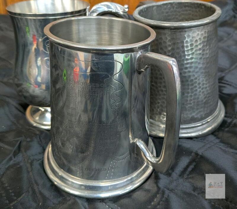 Vintage English Pewter Tankard Set &ndash; Hammered, Engraved, Ornate Styles &ndash; 5.5&rdquo; Tall, UK Made