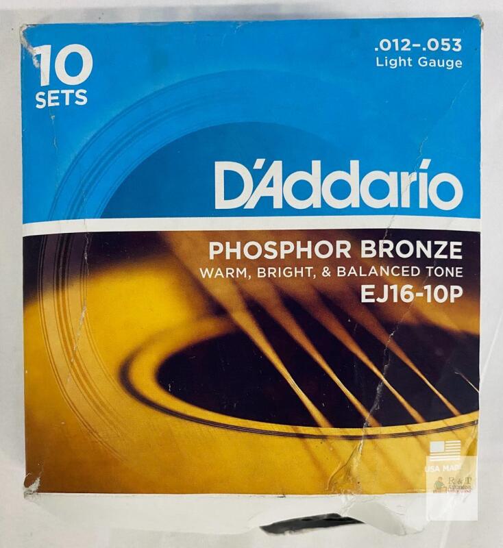 D'Addario EJ16-10P Phosphor Bronze Light Acoustic Guitar Strings, 10 Sets, .012-.053, USA