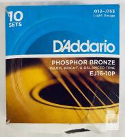 D'Addario EJ16-10P Phosphor Bronze Light Acoustic Guitar Strings, 10 Sets, .012-.053, USA