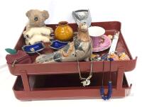 Vintage Treasures! Double Stacked Tray, Demitasse Cup & Saucer Japan, Small Kangaroo Fur Australian Koala Plush, Mexican Pottery Dove, Aluminum Citrus Squeezer, 2pc EPNS Cobalt Blue Glass Mustard Dishes & Spoons, Candy Thermometer, Leather Apple Coin Purs