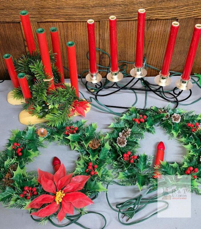 Vintage Electric Christmas Candle Window Lights & Wreath 14" Diameter, 9.5" Candles