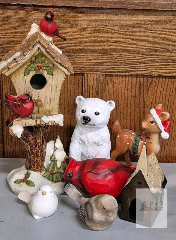 Holiday Figurine Set &ndash; Birdhouse with Cardinals, Russ Berrie Ceramic Birds, Reindeer, Polar Bear