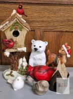 Holiday Figurine Set &ndash; Birdhouse with Cardinals, Russ Berrie Ceramic Birds, Reindeer, Polar Bear