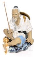 Shiwan Chinese Mudman Fisherman With Hooked Fish, 6" At Pole, No Chips or Cracks