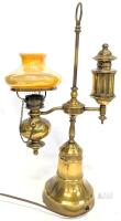 Vintage Electric Brass Student's Table Lamp With Peach Lusterware Milk Glass Shade, 22" Tall, Tested For Power, Small Chips & Fleabites In Bottom of Lamp Shade