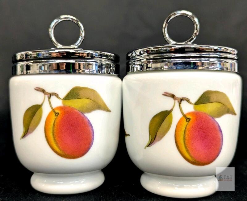 Pair of Vintage Evesham Vale by Royal Worcester, China Egg Coddler & Lid, King Size, Plum & Berries Design, No Chips or Cracks