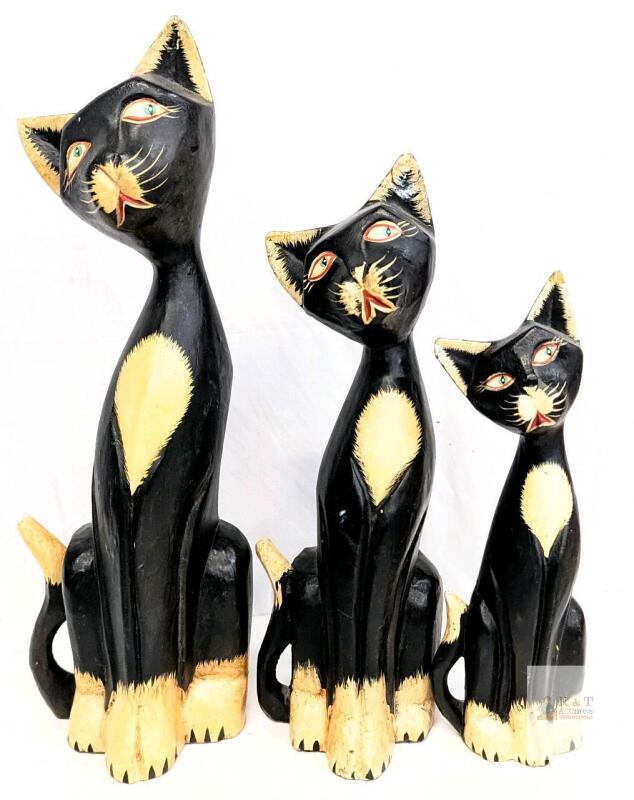 Vintage Trio of Lightweight Carved Wooden Cats, Made in Indonesia, Up To 15.65" Tall