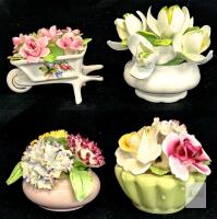 4pc Vintage Bone China Flower Bouquet Arrangements : Royal Albert "Snowdrops" & "Moss Rose" Wheelbarrow, Royal Castle & Floral Staffordshire, Up To 3" Tall, Chips Present