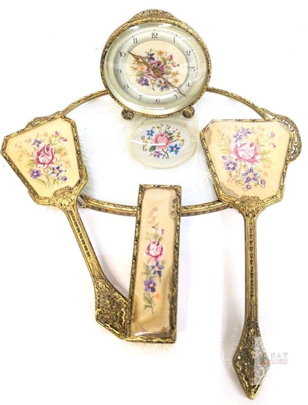 Vintage Filigree Brass & Petit Point Floral Lady Toiletry / Dressing Table Set : 2 Brushes, Mirror, Alarm Clock Made in England, Footed Glass Tray With Lace & Handles 14.25" &times; 8.5"