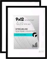 New 2-Pack Americanflat 9x12 Picture Frame with Shatter-Resistant Glass - Use as 6x8 Frame with Mat or Display 9x12 Photo Without Mat - Streamline Collection - Tabletop or Wall Display - Black