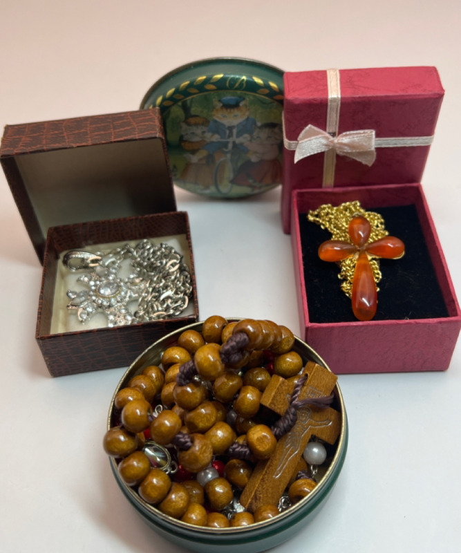 Two boxed Vintage Crosses and Cat Tin Rosaries