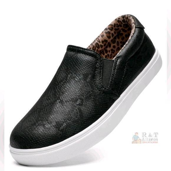 As-New Size 7.5 Women's STQ Black Viper Slipon Sneakers, "Black Snake" Outers With Leopard Print Lining (Marks On Sole)