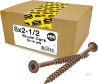 New T&uuml;lbox #8 x 2-1/2" Brown Deck Screws 400 Pack, Carbon Steel, Epoxy Coating for Rust Resistance, Flat Head Square Drive, Fast Driving Threads for Smooth Installation in Pressure-Treated Wood