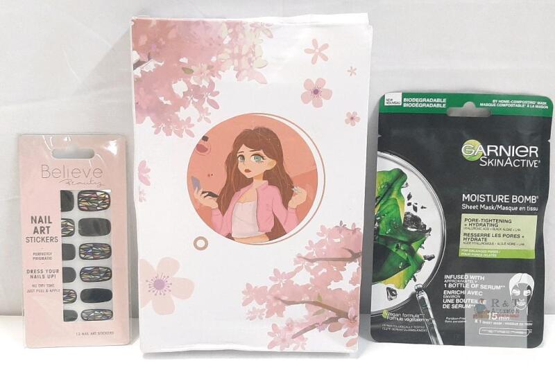 NEW BEAUTY LOT LED Makeup Mirror 5X Magnification, Garnier Sheet Mask, Believe Beauty Nail Stickers Set