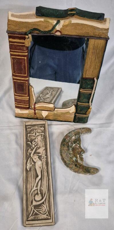 FIGI Graphics Book Mirror 10.5"x8.5", Art Nouveau Relief, Crescent Moon Plaque Lot CHIP ON BACK