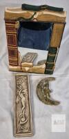 FIGI Graphics Book Mirror 10.5"x8.5", Art Nouveau Relief, Crescent Moon Plaque Lot CHIP ON BACK