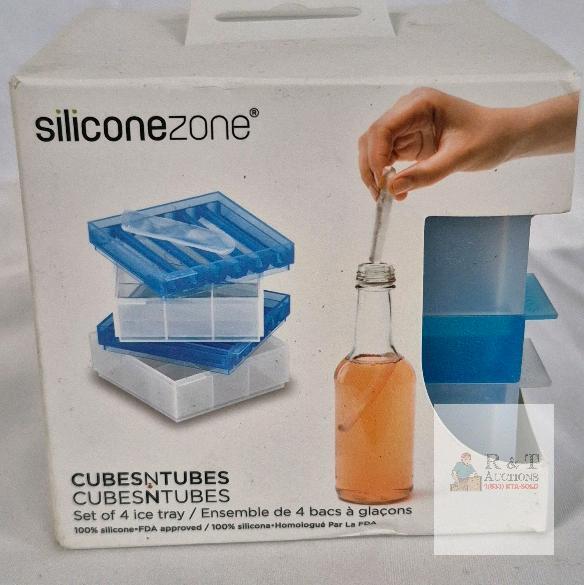 SiliconeZone CubesNTubes 4-Piece Silicone Ice Tray Set, Cube & Tube Shapes, Stackable, FDA Approved