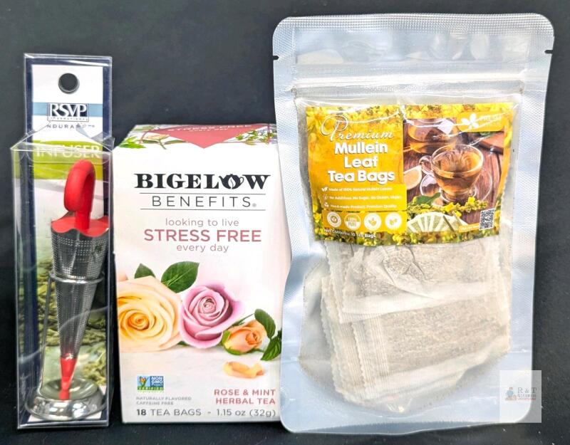 New Bigelow Benefits Stress Free Rose & Mint Herbal Tea (18 Tea Bags), 10 Bags Premium Mullein Leaf Tea Bags - RSVP Umbrella-Shaped Looae Leaf Tea Infuser [exp 05/10/2026 to Best Before 10/2027]