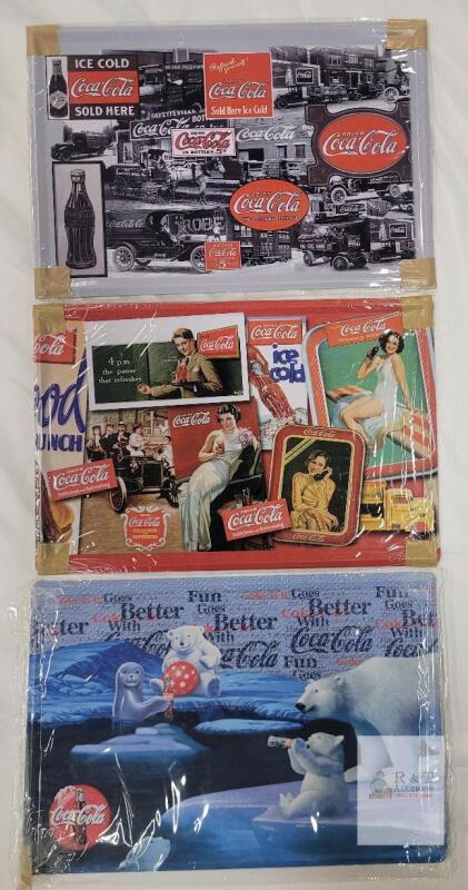 3 Coca-Cola Tin Picture Plaques, 12"x8", Vintage Reproduction Signs, Polar Bears & Women Designs