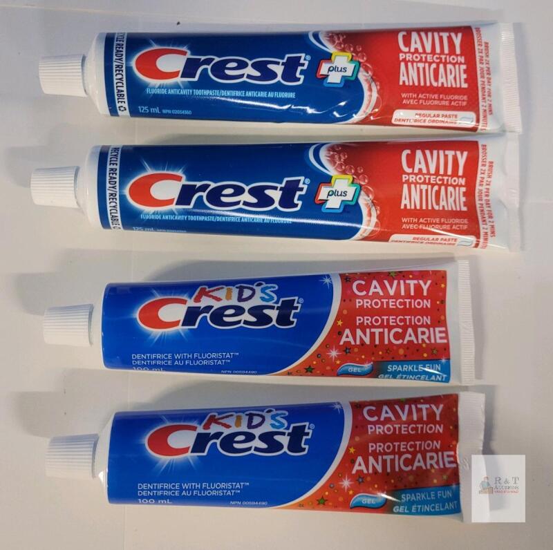 4 Crest Plus and Kid&rsquo;s Crest Toothpaste Lot, Cavity Protection, 125 mL & 100 mL Tubes, Lot 4172 MA27
