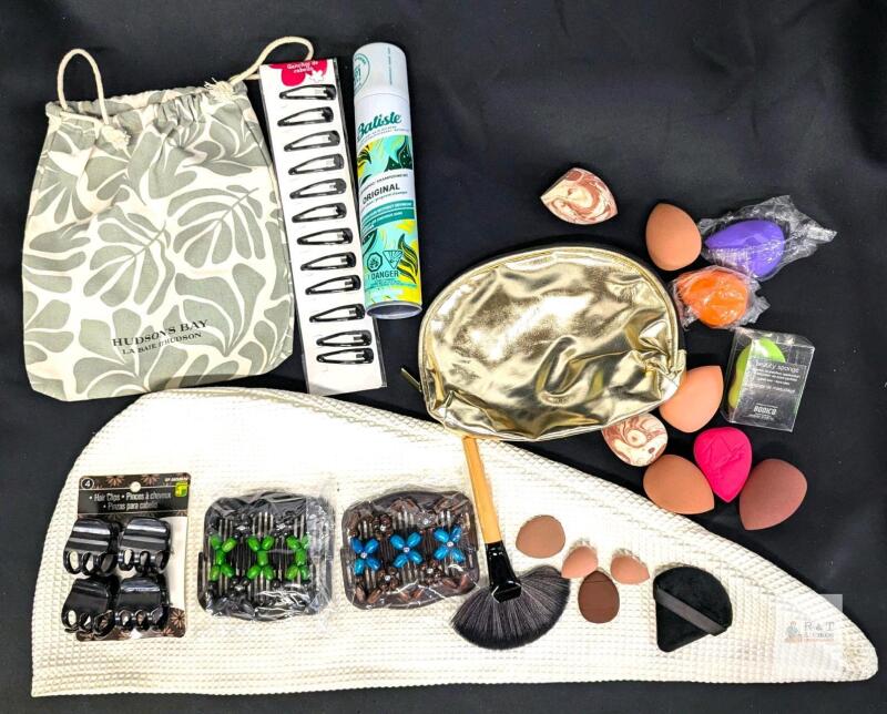 Assorted Hair Products & Makeup Sponges + Makeup Bag, Hair Towel Turban Wrap +