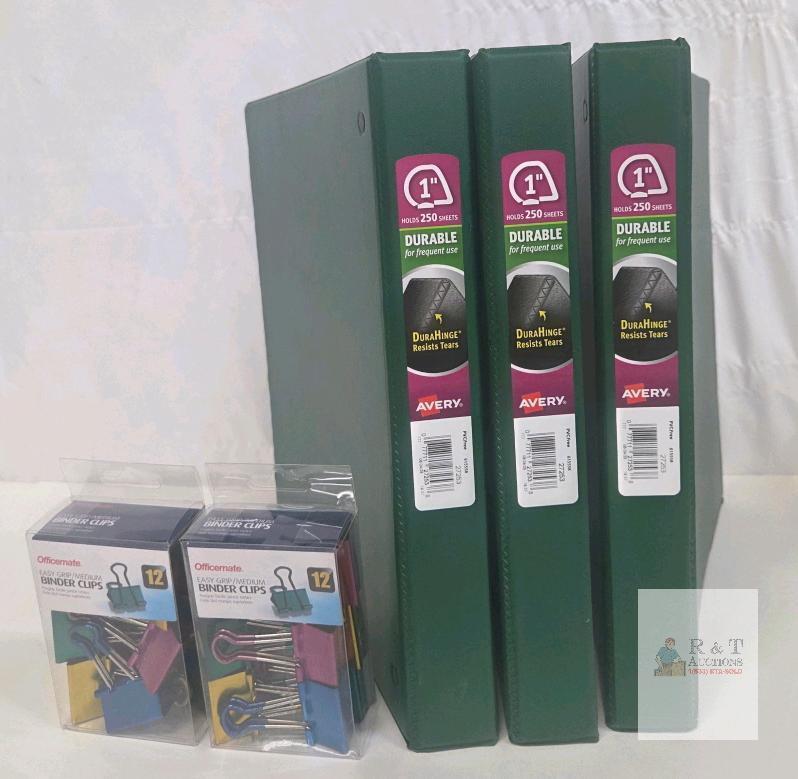 Avery 1" Green Durable 3-Ring Binders (3 pk) & Officemate Medium Binder Clips (24 Assorted)
