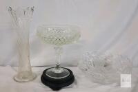 Clear Glass Vase , Fruit Bowl & Pedestal Candy Dish w/Wood Base .
