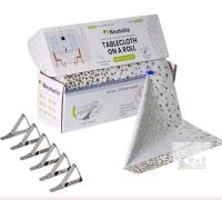Neatalia 54" x 120' White with Gold Dot Plastic Tablecloth Roll with Cutter and Clips
