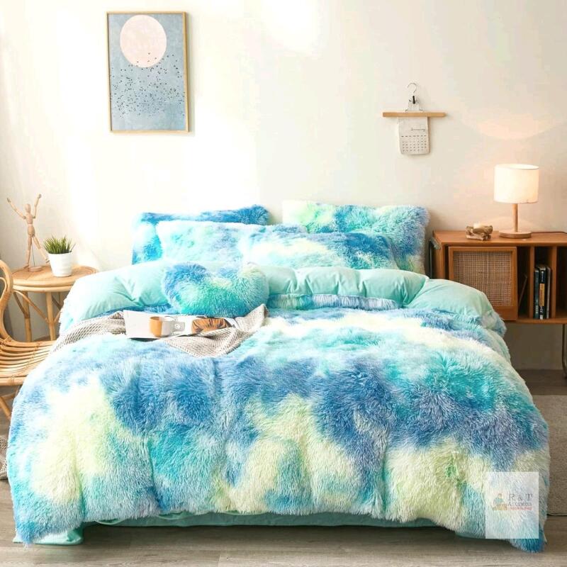 New King Size EMME Tie Dye Blue Plush Fluffy Comforter Cover Set King- Ultra Soft Faux Fur tie dye Bedding Sets 3 Pieces (1 Shaggy Duvet Cover + 2 Pillow case) Fluffy Bed Set
