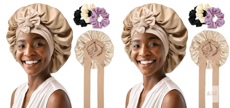 2 New AWAYTR 2 Layered Satin Bonnet for Women Tie Band Hair Bonnet for Sleeping Silk Sleeping Cap with 3PCS Hair Scrunchies (Reversible (Coffee/Champagne))<br/>