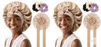 2 New AWAYTR 2 Layered Satin Bonnet for Women Tie Band Hair Bonnet for Sleeping Silk Sleeping Cap with 3PCS Hair Scrunchies (Reversible (Coffee/Champagne))<br/>