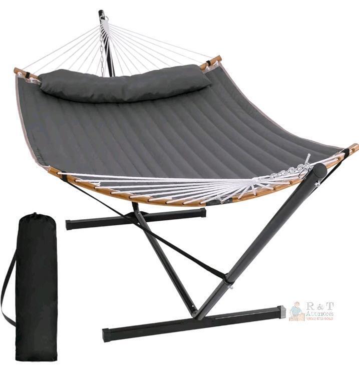 New - SUNCREAT Portable Hammock with Stand Included, Double Hammock with Curved Spreader Bar, Dark Gray