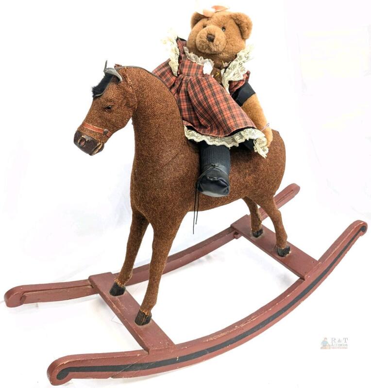 Vintage 1987 Applause CATHERINE Limited Edition Teddy Bear on Very Old (Possibly Antique) 24.25" Tall Doll-Sized Burlap & Wood Rocking Horse
