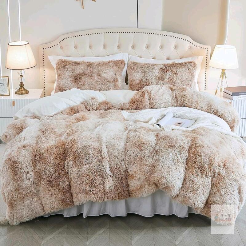 New Queen Size EMME Luxury Khaki Fuzzy Duvet Cover Set Queen Size 3 Pieces Fluffy Comforter Cover Set for Queen Bed Shaggy and Plush Soft Bedding Duvet Covers (Tie Dye Khaki, Queen)
