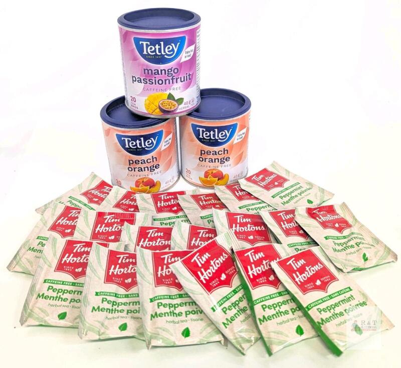 New Caffeine-Free Teas: Tetley Peach Orange &times;2 & Mango Passionfruit (20 bags ea) + 18 Tim Hortons Mint [bb 02/2029]