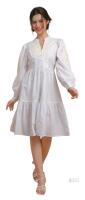 New Size LG (10-12) Women's MISS LAVISH LONDON Lace Inserts And Centre Front Button Opening With Peasant Sleeves Tiered Dress 100% Cotton -Off White