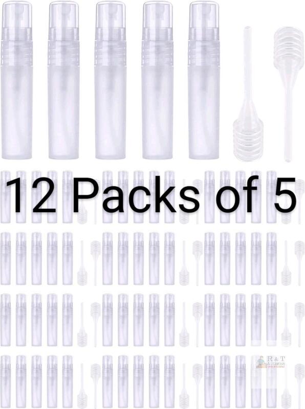 12 New Packs of 5 5ml Refillable Travel Spray Bottle Frosted Slim Body Perfume Atomizer Pocket Mini Fine Mist Spritzer Bottle Empty Liquid Pump Spray bottle for Sanitizer Hair Face Makeup Home Cleaning Plant w/ Fillers