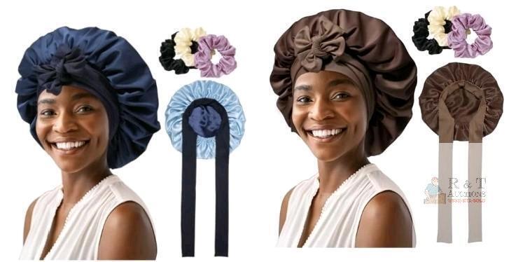 2 New AWAYTR 2 Layered Satin Bonnet for Women Tie Band Hair Bonnet for Sleeping Silk Sleeping Cap with 3PCS Hair Scrunchies<br/>
