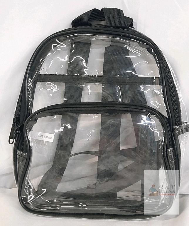 NEW Clear Plastic Backpack, 15"x12"x6", Black Trim, Dual Compartments, Adjustable Straps