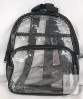 NEW Clear Plastic Backpack, 15"x12"x6", Black Trim, Dual Compartments, Adjustable Straps