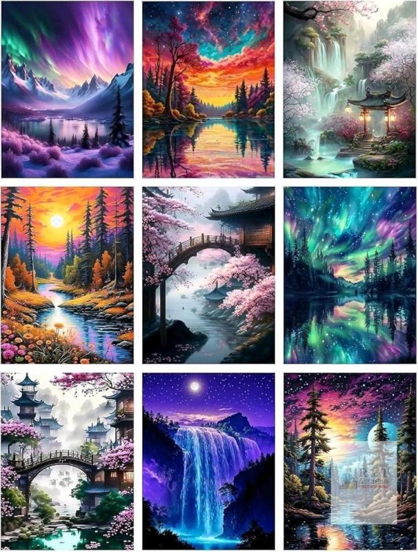 New 9 Pack Diamond Painting Kits for Adults, 5D Landscape Diamond Art Painting Kits for Adults Beginner, Adult Diamond Art, DIY Aurora Full Drill Diamond Dots for Home Wall Decor 12X16 Inch