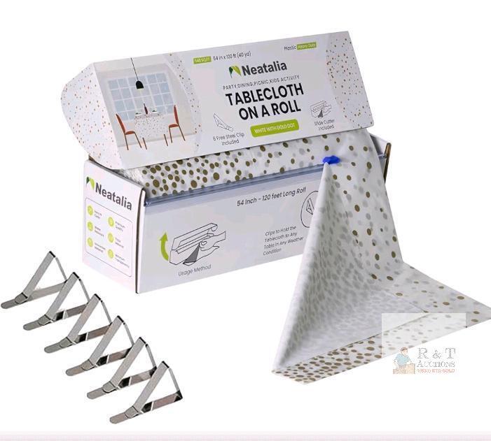 Neatalia Tablecloth Roll 120ft x 54in White with Gold Dot, Heavy Duty Plastic, Cutter & Clips
