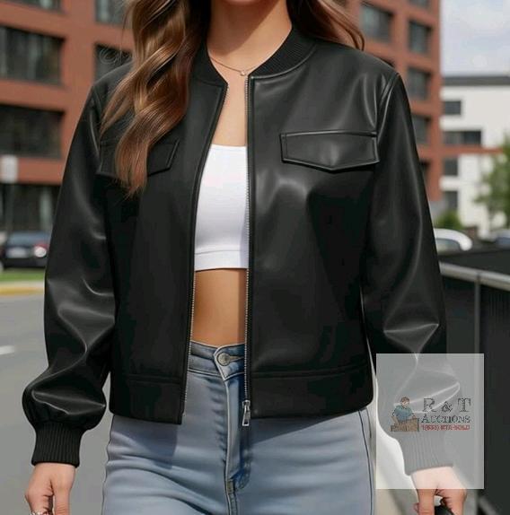 New - Ommiivex Women's Sz. Medium Leather Jacket Faux Cropped Bomber Coat Cute Short for Casual Wear