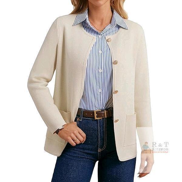 New Size XL Women's GRACE KARIN Sweater-Blazer in Ivory with Gold Button Details.
