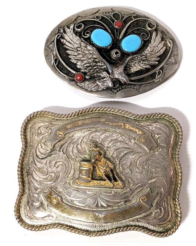 2 Vintage Western Belt Buckles: Barrel Racing (Stamped Alpaca) & Eagle with Turquoise Colored Stones.