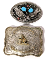 2 Vintage Western Belt Buckles: Barrel Racing (Stamped Alpaca) & Eagle with Turquoise Colored Stones.
