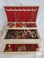 Vintage Jewelry Box with Assorted Contents . Rings , Necklaces , Earrings , Bracelets , Pins