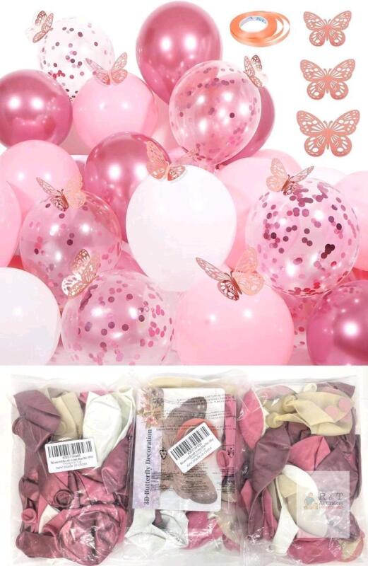 3 New Packs of 30 Pink 12" Confetti Balloons and Butterfly Stickers, White and Metallic Pink Balloons with 12 PCS Rose Gold Butterfly Stickers for Wedding, Birthday, Party Decorations